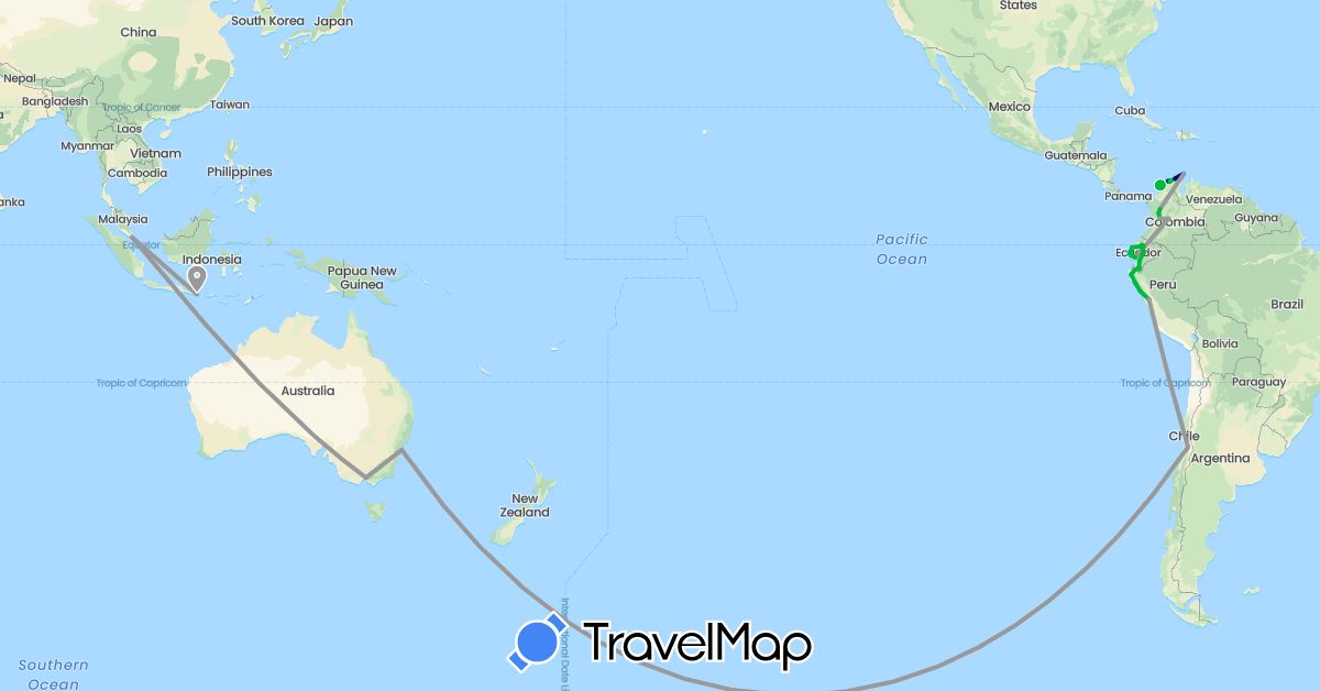 TravelMap itinerary: driving, bus, plane, boat in Australia, Chile, Colombia, Ecuador, Indonesia, Peru, Singapore (Asia, Oceania, South America)